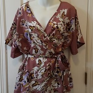 Shein Floral Belted Pink Blouse